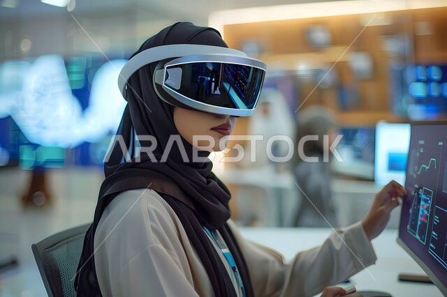 إدارة وتنظيم أعمال الشركة، قسم الاستعلامات والاتصال، الإجابة على الأسئلة والاستفسارات, مفهوم خدمة العملاء، امرأة عربية خليجية سعودية محجبة ترتدي سماعات الرأس المتطورة, مهن ووظائف مكتبية نسائية, دمج العمل مع التقنية والتكنولوجيا, الرسم البياني وقاعدة البيانات