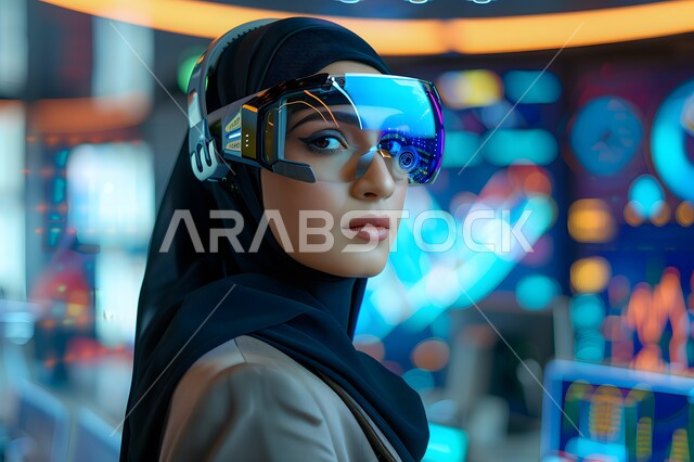 إدارة وتنظيم أعمال الشركة، قسم الاستعلامات والاتصال، الإجابة على الأسئلة والاستفسارات, مفهوم خدمة العملاء، امرأة عربية خليجية سعودية محجبة ترتدي سماعات الرأس المتطورة, مهن ووظائف مكتبية نسائية, دمج العمل مع التقنية والتكنولوجيا, الرسم البياني وقاعدة البيانات