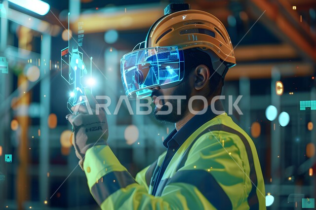 The use of modern devices and techniques in engineering work, a close-up picture of a Saudi Gulf Arab engineer wearing a protective jacket and helmet, symbols and icons using hologram technology, supervising the production plan and following up on engineering work affairs.