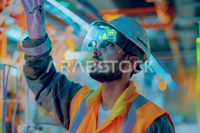 استخدام الأجهزة والتقنيات الحديثة في الأعمال الهندسية, صورة مقربة  لمهندس عربي خليجي سعودي  يرتدي السترة وخوذة الحماية, رموز وأيقونات بتقنية الهولوجرام, الإشراف على خطة الانتاج ومتابعة شؤون العمل الهندسي