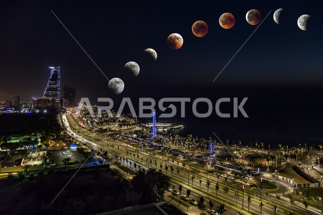 كورنيش جدة ليلا وقت خسوف القمر ، صورة للبدر العملاق في سماء جدة تزامنا مع الخسوف ، تصوير حركة خسوف القمر بصورة ابداعية ،جمال المعالم السياحية في جدة و المملكة العربية السعودية