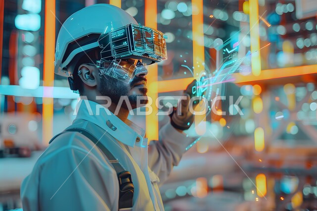استخدام الأجهزة والتقنيات الحديثة في الأعمال الهندسية, صورة مقربة  لمهندس عربي خليجي سعودي  يرتدي السترة وخوذة الحماية, رموز وأيقونات بتقنية الهولوجرام, الإشراف على خطة الانتاج ومتابعة شؤون العمل الهندسي