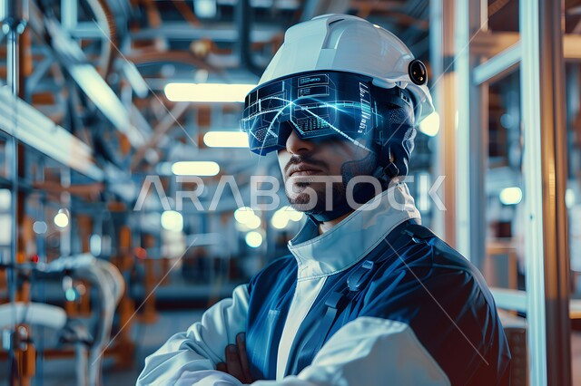 استخدام الأجهزة والتقنيات الحديثة في الأعمال الهندسية, صورة مقربة  لمهندس عربي خليجي سعودي  يرتدي السترة وخوذة الحماية, رموز وأيقونات بتقنية الهولوجرام, الإشراف على خطة الانتاج ومتابعة شؤون العمل الهندسي