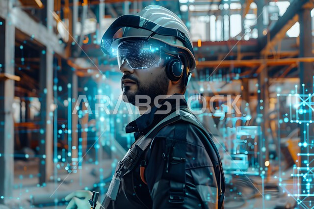 استخدام الأجهزة والتقنيات الحديثة في الأعمال الهندسية, صورة مقربة  لمهندس عربي خليجي سعودي  يرتدي السترة وخوذة الحماية, رموز وأيقونات بتقنية الهولوجرام, الإشراف على خطة الانتاج ومتابعة شؤون العمل الهندسي