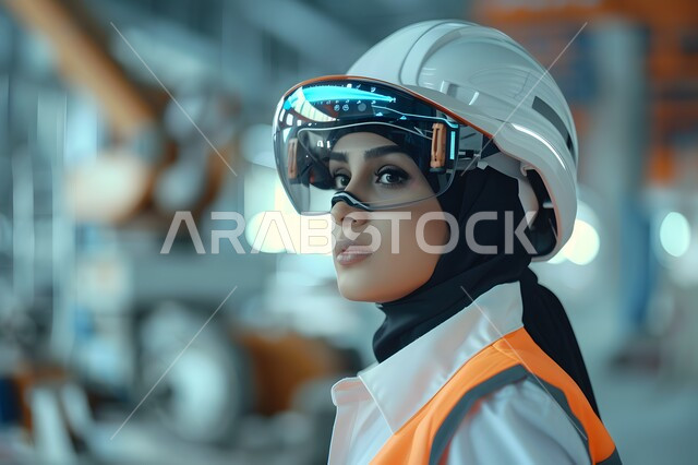 تطور ونمو القطاع الهندسي في المملكة، مهن ووظائف هندسية سعودية، الاشراف على المشاريع في موقع العمل، صورة مقربة لمهندسة شابة عربية خليجية سعودية ترتدي سترة  وخوذة الحماية مع نظارة الفي ار ثلاثية الأبعاد، التفاعل والاندماج مع الواقع الافتراضي