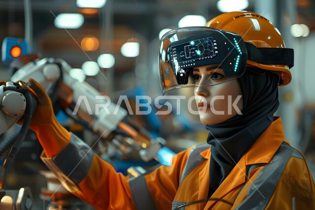 تطور ونمو القطاع الهندسي في المملكة، مهن ووظائف هندسية سعودية، الاشراف على المشاريع في موقع العمل، صورة مقربة لمهندسة شابة عربية خليجية سعودية ترتدي سترة  وخوذة الحماية مع نظارة الفي ار ثلاثية الأبعاد، التفاعل والاندماج مع الواقع الافتراضي