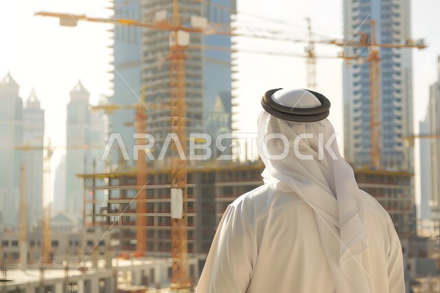 تدقيق مخططات المشروع، مهن ووظائف هندسية سعودية، الاشراف على المشاريع في موقع العمل، صورة من الخلف لرجل عربي خليجي سعودي يرتدي الثوب التقليدي والغتره يقف في مقر الإنشاءات، تطور ونمو القطاع الهندسي في المملكة