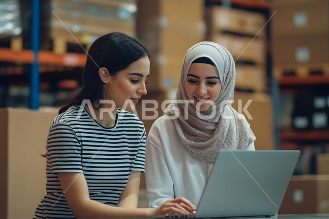 عمليات ترتيب وتنظيم المستودعات المحلية، دمج التقنية و التكنولوجيا مع العمل, استخدم الحاسب المحمول للتأكد من وجود وتوفر البضاعة، صورة لامرأتان عربيتان سعوديتان خلجيتان في المستودع تستخدمان الحاسب المحمول  في قسم المخازن
