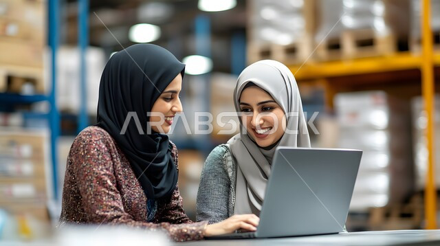 عمليات ترتيب وتنظيم المستودعات المحلية، دمج التقنية و التكنولوجيا مع العمل, استخدم الحاسب المحمول للتأكد من وجود وتوفر البضاعة، صورة لامرأتان عربيتان سعوديتان خلجيتان في المستودع تستخدمان الحاسب المحمول  في قسم المخازن