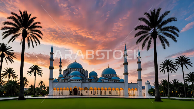 أماكن أداء الصلوات والطاعات, التصاميم الهندسية المميزة للمساجد، الفن الهندسي المعماري في بناء دور العبادة، الديكورات الانشائية على الطراز الديني الاسلامي, العبادة والتقرب إلى الله، خلفية السماء الممتلئة بالغيوم