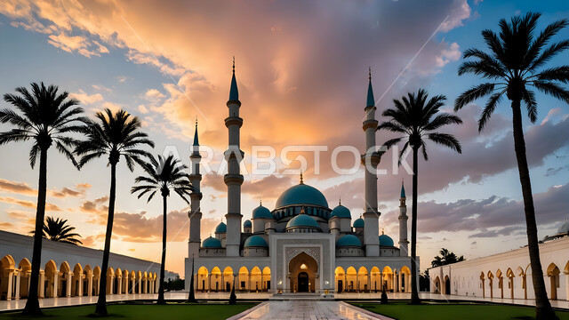 Places for performing prayers and obedience, distinctive geometric designs for mosques, architectural art in building houses of worship, constructional decorations in the Islamic religious style, worship and getting closer to God, the background of the sky filled with clouds