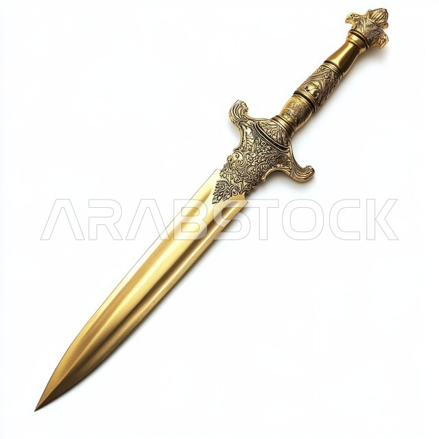 Popular ancient antiques and antiques, antique pieces of the popular style, a close-up image of a sword decorated with traditional decorations, the authenticity of customs and traditions in the Kingdom of Saudi Arabia, a white background.
