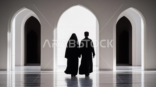 مفهوم الهندسة المعمارية للمساجد في المملكة العربية السعودية، النقوش والزخارف الاسلامية للأعمدة الداخلية للجوامع،  صورة من الخلف لسيدة ورجل عرب خليجيين سعوديين يسيرون في ممر المسجد