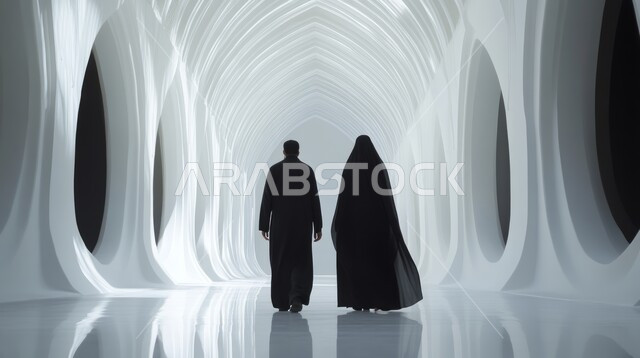 مفهوم الهندسة المعمارية للمساجد في المملكة العربية السعودية، النقوش والزخارف الاسلامية للأعمدة الداخلية للجوامع،  صورة من الخلف لسيدة ورجل عرب خليجيين سعوديين يسيرون في ممر المسجد