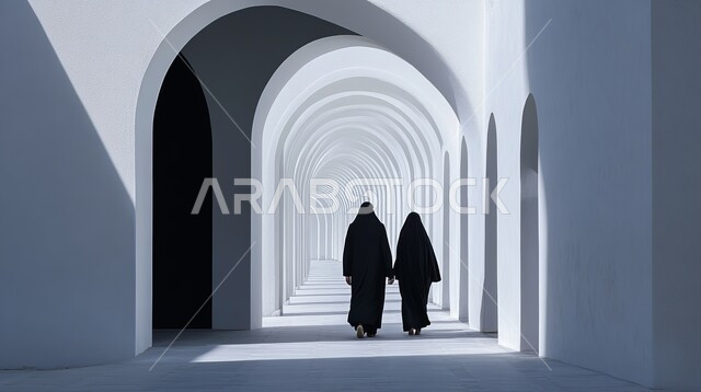 مفهوم الهندسة المعمارية للمساجد في المملكة العربية السعودية، النقوش والزخارف الاسلامية للأعمدة الداخلية للجوامع،  صورة من الخلف لسيدتان عربيتان خليجيتان محجبتان ترتديان العباءة التقليدية يسيرون في ممر المسجد