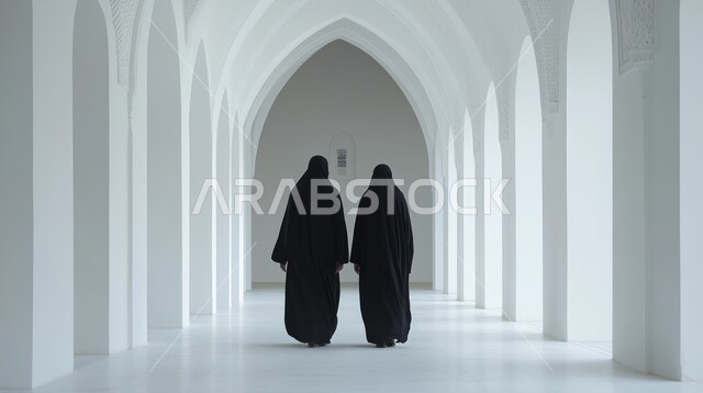 The architectural concept of mosques in the Kingdom of Saudi Arabia, Islamic inscriptions and decorations for the interior columns of the mosques, a picture from the back of two veiled Gulf Arab women wearing the traditional abaya walking in the corridor of the mosque