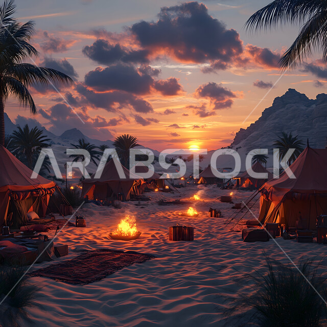 Enjoyable winter atmosphere, a popular Bedouin tent in the middle of the desert, soft golden terrain and sand in broad daylight, tourist camps in the wilderness areas, a youth camp and desert session, camping in the deserts of the Kingdom of Saudi Arabia