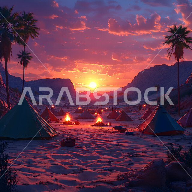 الأجواء الشتوية الممتعة, خيمة بدوية شعبية وسط الصحراء، التضاريس والرمال الذهبية الناعمة في وضح النهار، مخيمات سياحية في المناطق البرية, كشتة و جلسة بر شبابية، التخييم في صحاري المملكة العربية السعودية