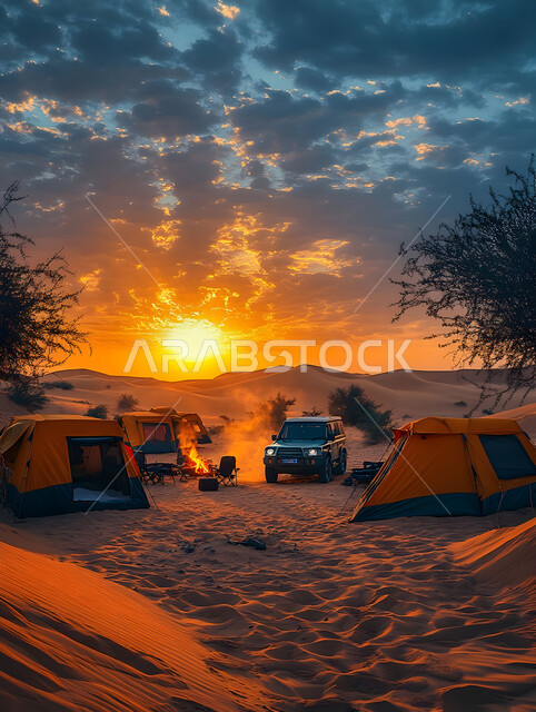 الأجواء الشتوية الممتعة, خيمة بدوية شعبية وسط الصحراء، التضاريس والرمال الذهبية الناعمة في وضح النهار، مخيمات سياحية في المناطق البرية, كشتة و جلسة بر شبابية، التخييم في صحاري المملكة العربية السعودية