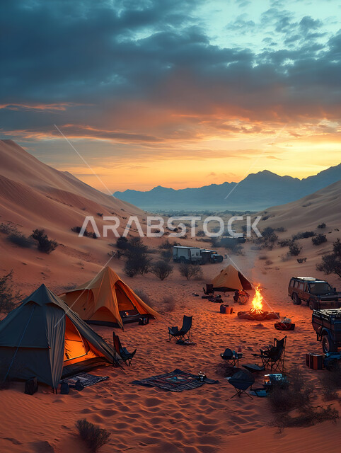 Enjoyable winter atmosphere, a popular Bedouin tent in the middle of the desert, soft golden terrain and sand in broad daylight, tourist camps in the wilderness areas, a youth camp and desert session, camping in the deserts of the Kingdom of Saudi Arabia
