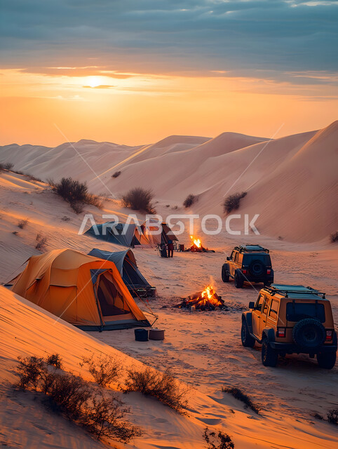 الأجواء الشتوية الممتعة, خيمة بدوية شعبية وسط الصحراء، التضاريس والرمال الذهبية الناعمة في وضح النهار، مخيمات سياحية في المناطق البرية, كشتة و جلسة بر شبابية، التخييم في صحاري المملكة العربية السعودية