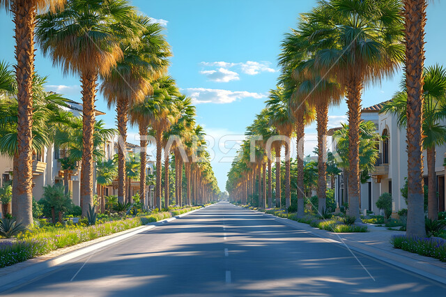 الاهتمام بالتشجير وزراعة الأشجار والنباتات الخضراء في المدن، الطرقات والشوارع المعبدة في المملكة العربية السعودية، أشجار النخيل على الرصيف في الطرق