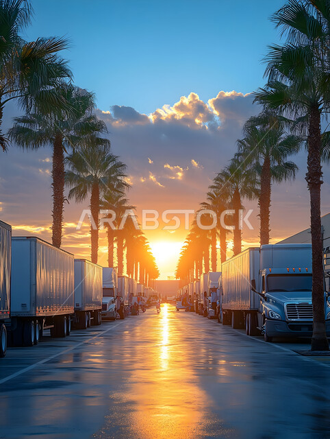 وسائل النقل والمواصلات التجارية، مجموعه من الشاحنات الضخمة لنقل البضائع، مفهوم الخدمات اللوجستية في المملكه العربية السعودية, الاهتمام بزراعة أشجار النخيل والنباتات الخضراء