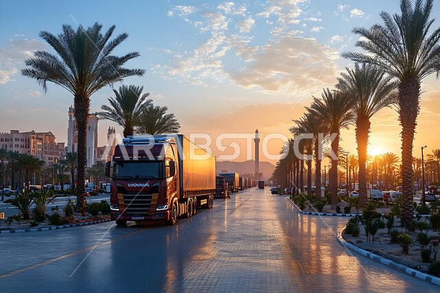 Means of transportation and commercial communication, a group of huge trucks for transporting goods, the concept of logistics services in the Kingdom of Saudi Arabia, interest in planting palm trees and green plants.
