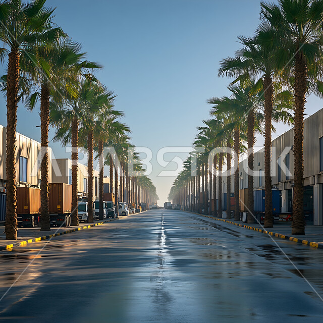 وسائل النقل والمواصلات التجارية، مجموعه من الشاحنات الضخمة لنقل البضائع، مفهوم الخدمات اللوجستية في المملكه العربية السعودية, الاهتمام بزراعة أشجار النخيل والنباتات الخضراء