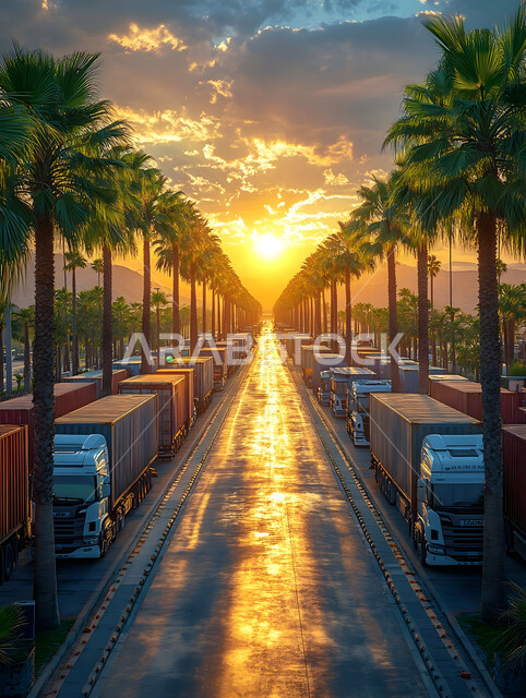 Means of transportation and commercial communication, a group of huge trucks for transporting goods, the concept of logistics services in the Kingdom of Saudi Arabia, interest in planting palm trees and green plants.