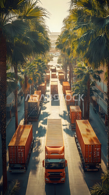 Means of transportation and commercial communication, a group of huge trucks for transporting goods, the concept of logistics services in the Kingdom of Saudi Arabia, interest in planting palm trees and green plants.