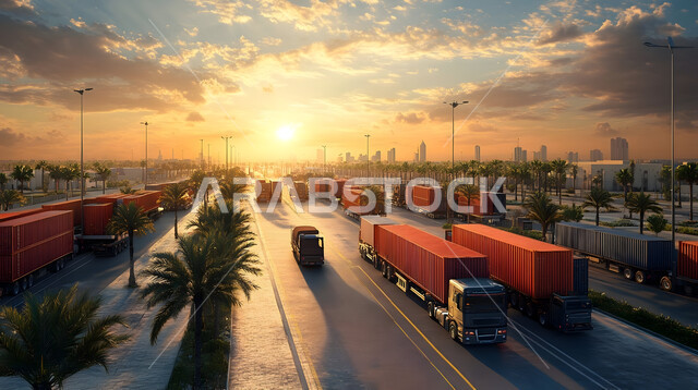 Means of transportation and commercial communication, a group of huge trucks for transporting goods, the concept of logistics services in the Kingdom of Saudi Arabia, interest in planting palm trees and green plants.
