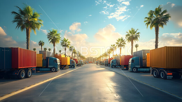 Means of transportation and commercial communication, a group of huge trucks for transporting goods, the concept of logistics services in the Kingdom of Saudi Arabia, interest in planting palm trees and green plants.