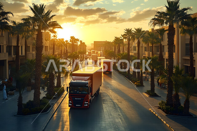 مفهوم الخدمات اللوجستية في المملكه العربية السعودية, وسائل النقل والمواصلات التجارية، مجموعه من الشاحنات الضخمة لنقل البضائع، الاهتمام بزراعة أشجار النخيل والنباتات الخضراء