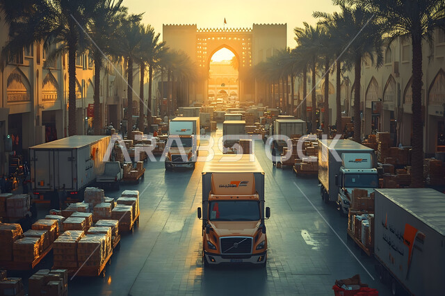 The concept of logistics services in the Kingdom of Saudi Arabia, means of transportation and commercial communication, a group of huge trucks for transporting goods, interest in planting palm trees and green plants.
