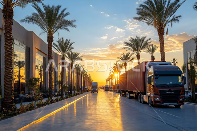 مفهوم الخدمات اللوجستية في المملكه العربية السعودية, وسائل النقل والمواصلات التجارية، مجموعه من الشاحنات الضخمة لنقل البضائع، الاهتمام بزراعة أشجار النخيل والنباتات الخضراء