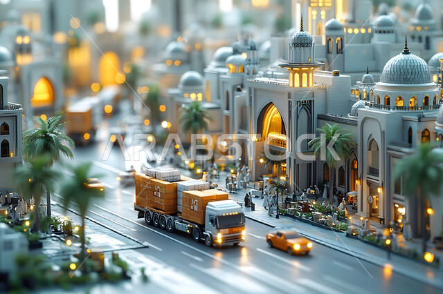 The concept of logistics services and delivery of goods between cities, a large transport truck on its way to deliver packages to the desired place, import and export of goods in the Kingdom of Saudi Arabia, receiving and transporting storage containers, port for shipping goods and commercial containers.