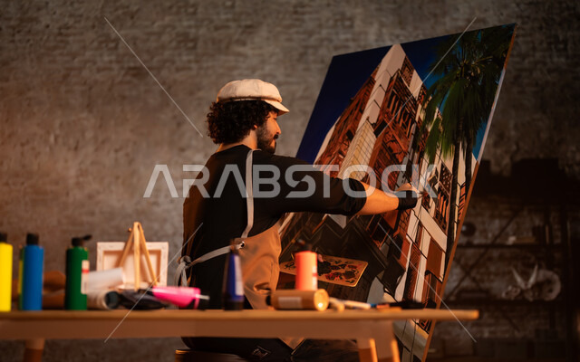 أنشطة ترفيهية ممتعة, ورشة عمل فنية , الشغف في ممارسة الهوايات المفضلة و الفنون اليدوية , صورة من الخلف لرسام عربي خليجي سعودي يرتدي الزي الكاجوال و مريلة الرسم يجلس على الكرسي أمام اللوحة، معرض الرسومات و اللوحات التشكيلية في المملكة العربية السعودية 