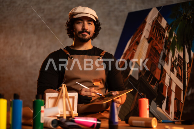 الشغف في ممارسة الهوايات المفضلة و الفنون اليدوية , أنشطة ترفيهية ممتعة, ورشة عمل فنية , صورة لرسام عربي خليجي سعودي يرتدي الزي الكاجوال و مريلة الرسم يجلس على الكرسي أمام اللوحة، معرض الرسومات و اللوحات التشكيلية في المملكة العربية السعودية 