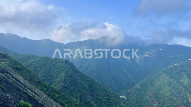 النباتات الطبيعية على القمم والمرتفعات الجبلية، السماء المليئة بالغيوم والسحب البيضاء فوق الجبال، المدرجات الزراعية الخضراء في المملكة العربية السعودية, اماكن ومناطق سياحية مشهورة في السعودية، خلفية الطبيعة