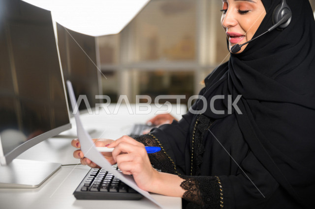 موظفة عربية خليجية سعودية تعمل في خدمة العملاء وتمسك الاوراق بيدها، موظفة ترتدي سماعة الاتصال، استعلامات واستفسارات، الاجابه على اسئلة العملاء، اجراء اتصال فيديو من خلال الحاسوب، متابعة وتطوير العمل