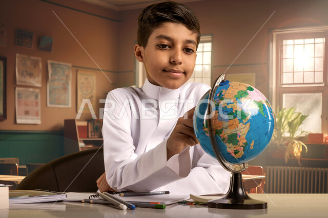 البحث والاستكشاف حول العالم، العودة الى المداس، طالب عربي خليجي سعودي يرتدي الزي المدرسي يجلس داخل الغرفة الصفية ينظر الى مجسم الكرة الأرضية بإيماءات التفكير والتركيز، التعليم في مدارس المملكة العربية السعودية