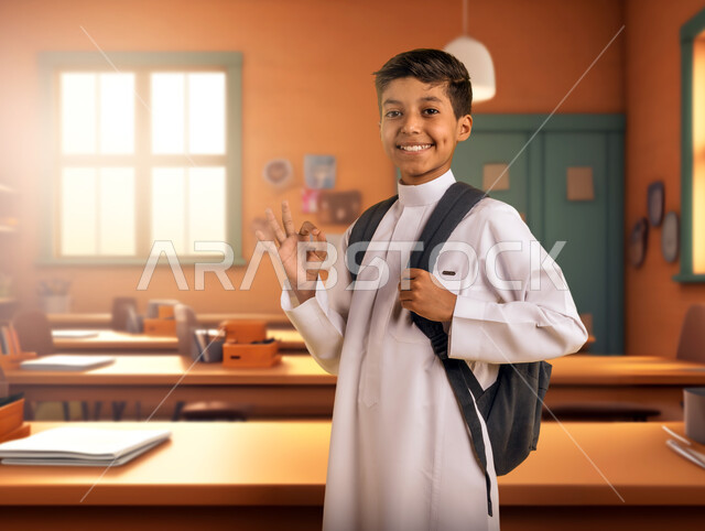 علامة الجودة والامتياز والتميز، العودة الى المداس، طالب عربي خليجي سعودي يرتدي الزي المدرسي والحقيبة يقف داخل الغرفة الصفية ينظر الى الكاميرا يرفع يده للاعلى بإيماءات الرضا والإعجاب، التعليم في مدارس المملكة العربية السعودية