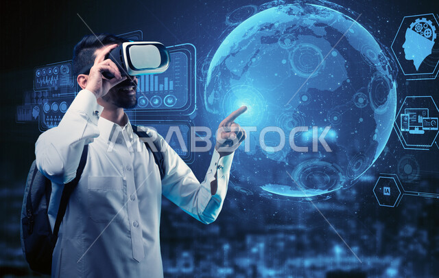 Interaction and integration with 3D holographic elements, use of modern technologies and devices, self-education system, close-up image of a Saudi Arabian Gulf student wearing traditional dress, bag and virtual reality glasses, e-learning applications and programs in the Kingdom’s schools