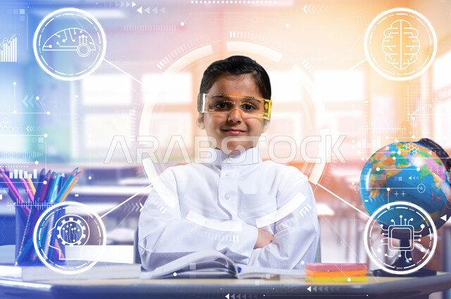 نظام التعليم الذاتي، العودة الى المدارس، طالب عربي خليجي سعودي يرتدي الزي المدرسي ونظارة الحماية ينظر الى الكاميرا بإيماءات الجد والنشاط، استخدام برامج التعلم الالكتروني في مدارس المملكة العربية السعودية، عناصر هولوجرامية ثلاثية الأبعاد