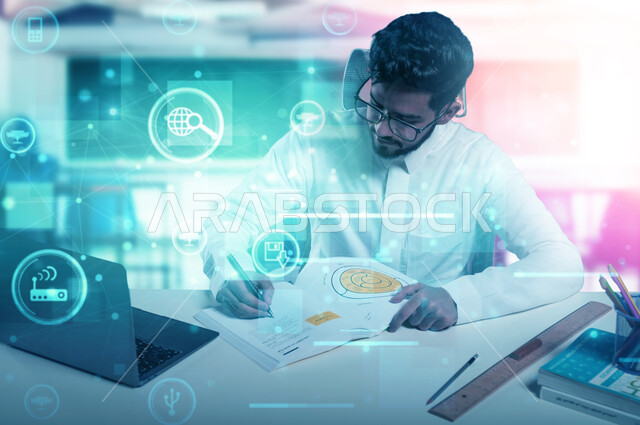 نظام التعليم الذاتي، العودة الى المداس، صورة مقربة لطالب عربي خليجي سعودي يرتدي الثوب التقليدي يقوم بالكتابة يستخدم جهاز اللابتوب المحمول، تطبيقات و برامج التعلم الالكتروني في مدارس المملكة العربية السعودية، عناصر هولوجرامية ثلاثية الأبعاد