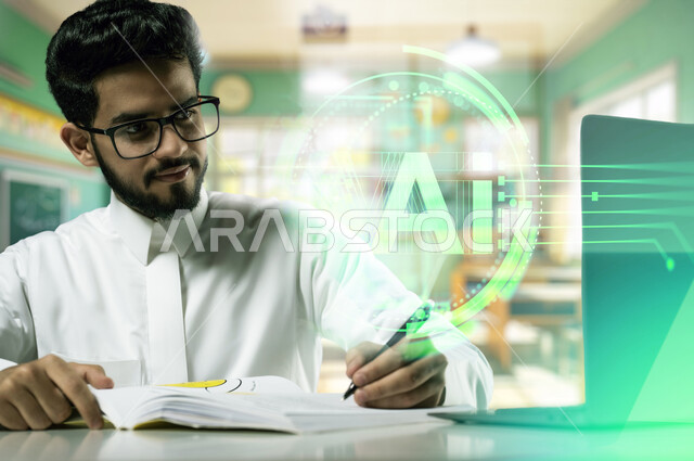 نظام التعليم الذاتي، العودة الى المداس، صورة مقربة لطالب عربي خليجي سعودي يرتدي الثوب التقليدي يقوم بالكتابة يستخدم جهاز اللابتوب المحمول، تطبيقات و برامج التعلم الالكتروني في مدارس المملكة العربية السعودية، عناصر هولوجرامية ثلاثية الأبعاد