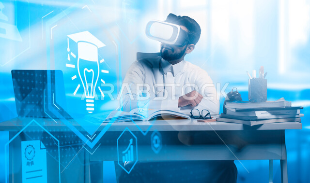 Using modern technologies and devices, self-education system, close-up of a Saudi Arabian Gulf student wearing traditional dress, VR glasses using a laptop, e-learning applications and programs in schools in the Kingdom of Saudi Arabia, 3D holographic elements