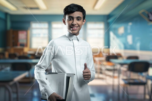 مفهوم القبول والموافقة، العودة الى المداس، طالب عربي خليجي سعودي يرتدي الزي المدرسي ينظر الى الكاميرا ترفع اصبع الابهام للاعلى بإيماءات الرضا والإعجاب، التعليم في مدارس المملكة العربية السعودية، تعابير الجد والاجتهاد والنشاط