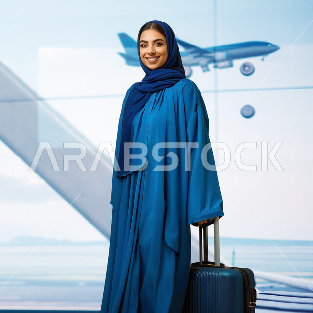 الاستعداد لبدء الرحلة في العطلة الصيفيه, مفهوم السياحة والقيام بالجولات الترفيهية في وقت الإجازة, سيدة عربية خليجية سعودية محجبة مبتسمة ترتدي العباءة الزرقاء تمسك بيدها حقيبة السفر تقوم بانتظار موعد الطائرة، النظر الى الكاميرا بإيماءات السرور والحماس